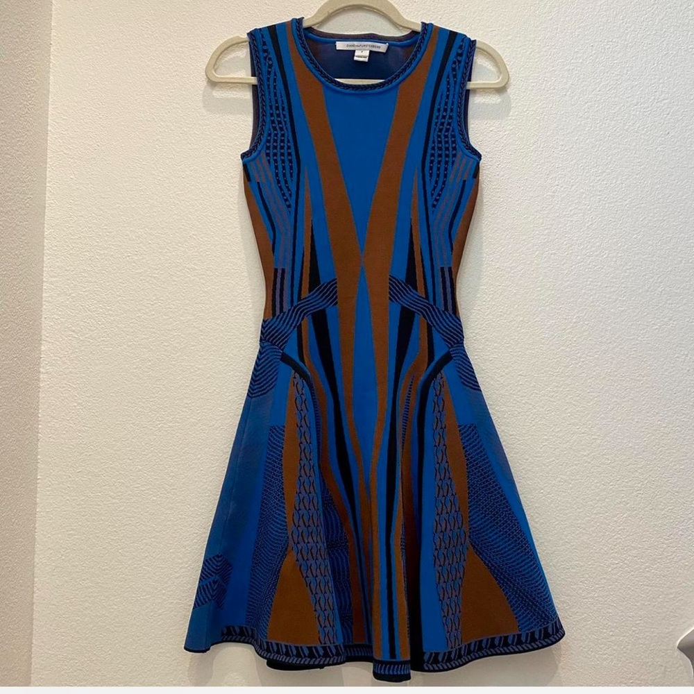 Diane Von Furstenberg Blue and Brown Geometric Dress